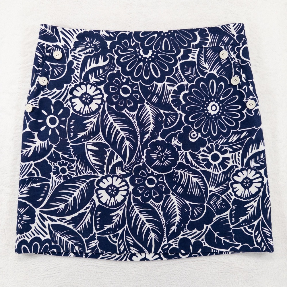 Talbots Womens Skirt Sz 14 Navy Blue White Floral Nautical Button Front Cotton